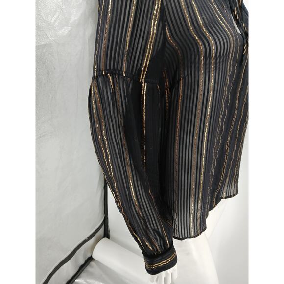 Derek Lam 10 Crosby Top Womens Size 8 Black Gold Metallic Stripes Sheer Silk - Picture 5 of 14